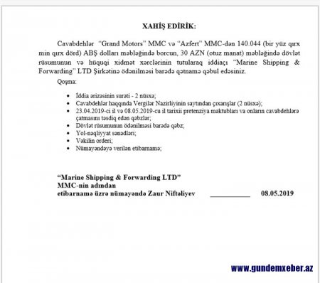 “Grand Motors” MMC və “Azfert” MMC Gürcüstan şirkətinə 140,044 ABŞ dolları olan borcunu niyə ödəmir?