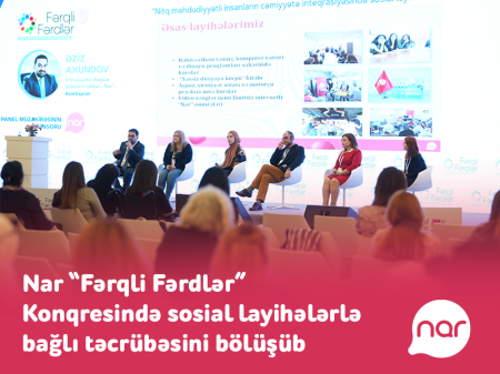 “Nar” “Fərqli Fərdlər” Konqresində sosial layihələrlə bağlı təcrübəsini bölüşüb “Nar” “Fərqli Fərdlər” Konqresində sosial layihələrlə bağlı təcrübəsini bölüşüb