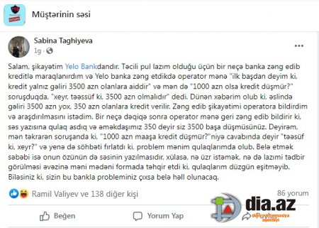 `Yelo Bank` müştərisini belə narazı salır... `Yelo Bank` müştərisini belə narazı salır...