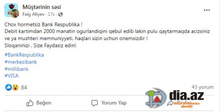 `Bank Respublika` müştərisinin 2000 manat puluna ƏL QOYDU `Bank Respublika` müştərisinin 2000 manat puluna ƏL QOYDU