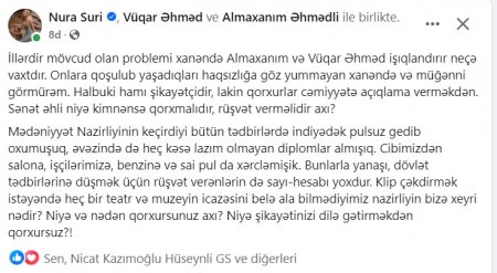 "Sənət əhli niyə kimdənsə qorxmalı, rüşvət verməlidir?"