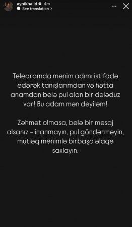 "Teleqramda mənim adımdan istifadə edərək tanışlarımdan və hətta anamdan belə pul alan bir dələduz var" "Teleqramda mənim adımdan istifadə edərək tanışlarımdan və hətta anamdan belə pul alan bir dələduz var"