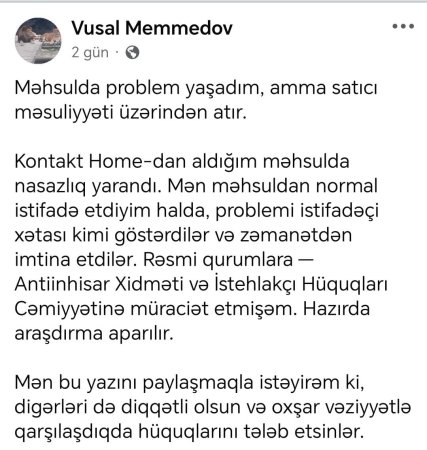 “Kontakt Home” “Qızıl zəmanət”lə alınan məhsulu da dəyişmir “Kontakt Home” “Qızıl zəmanət”lə alınan məhsulu da dəyişmir